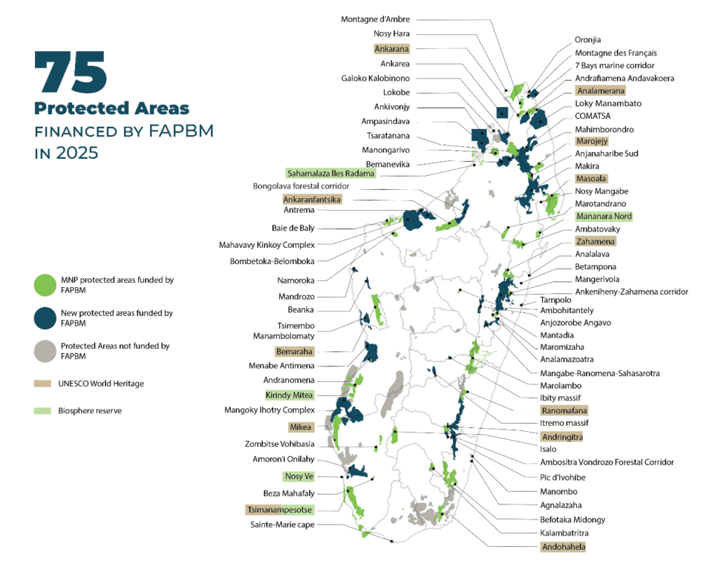 Map of the Protected Areas funded by FAPBM in Madagascar – 2025