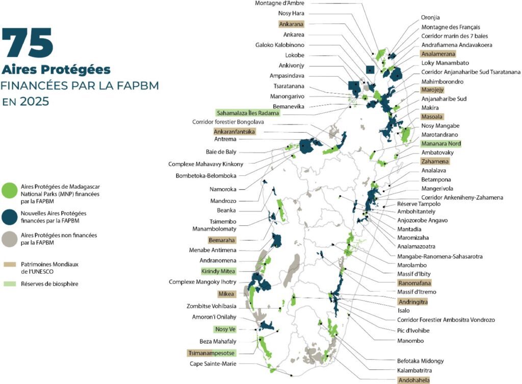 Carte des Aires Protégées financées par FAPBM à Madagascar – 2025